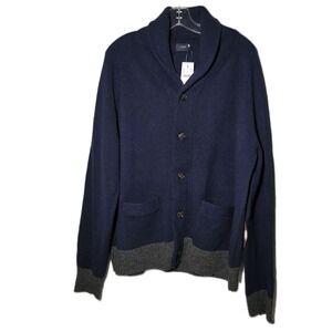 J Crew Sweater Mens XLarge Navy Gray Shawl Collar Cardigan LambsWool Elbow Patch